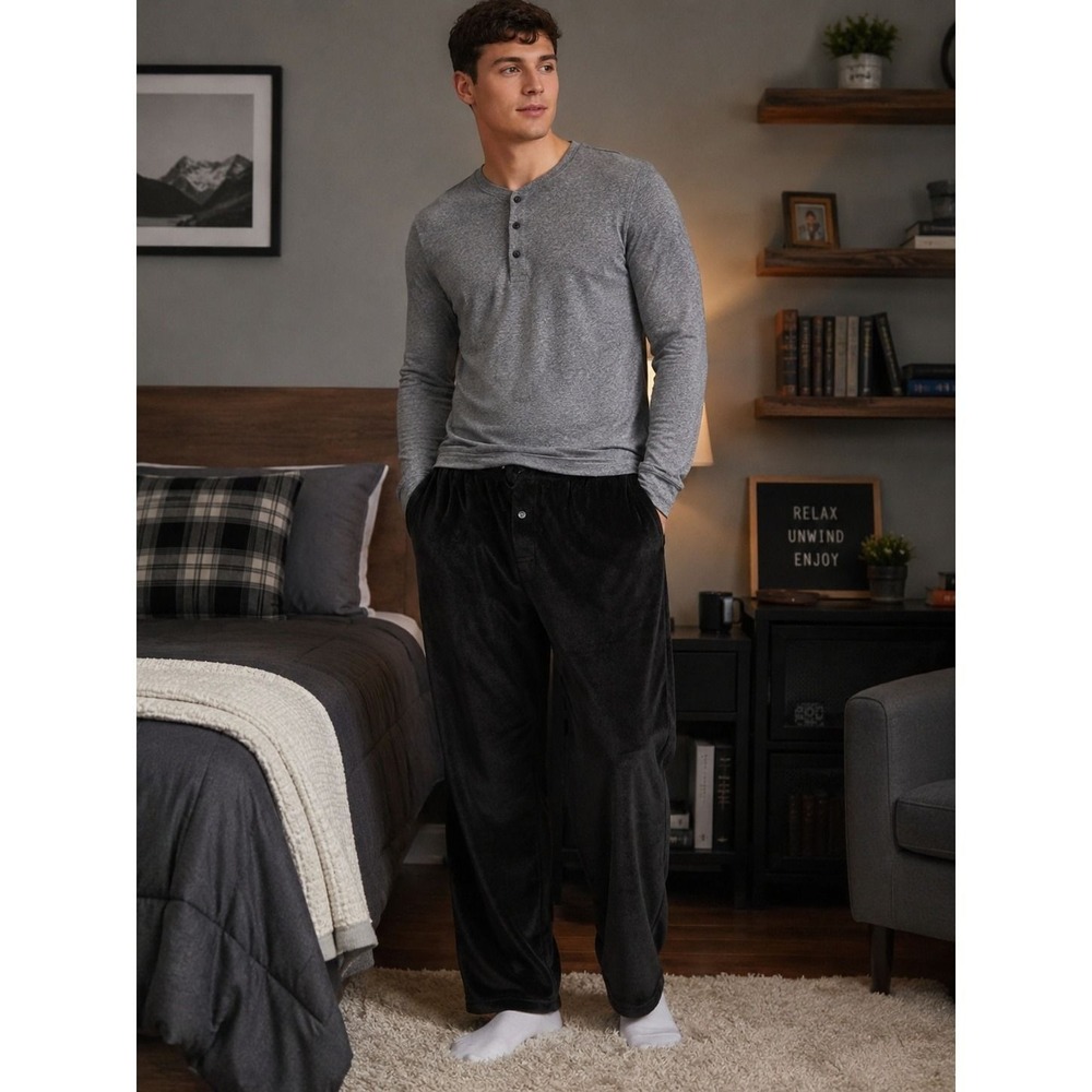 Mens Sleep Fleece Pants Black Plush Pajama Bottoms Soft Loungewear Drawstring XL